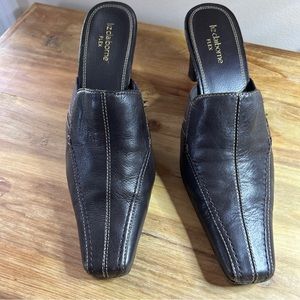 Liz Claiborne "Boston" Brown Leather Slip-On Square Toe Mules 3" Heels Sz 9M